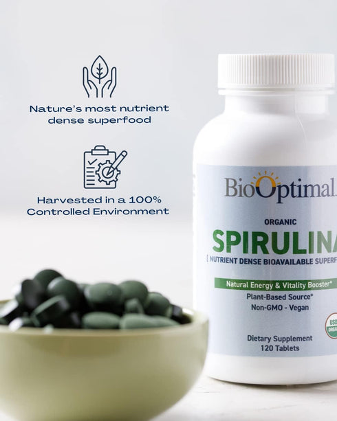 Organic Spirulina Tablets - Organic, Non-GMO, No Additives or Fillers - 500mg Premium Quality Dietary Supplement, 120
