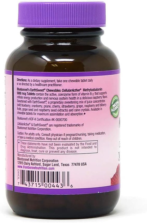 Bluebonnet Nutrition EarthSweet Methylcobalamin 5,000 mcg Active Coenzyme Vitamin B12 for Energy Boost & Metabolism -
