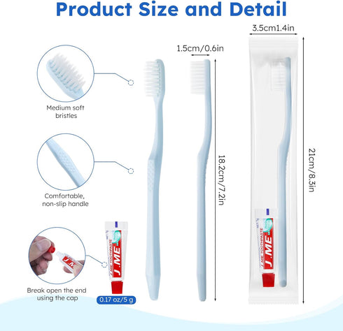 Packaged, (50-Pack) Disposable Toothbrushes with Toothpaste, Light Blue Toothbrush and Toothpaste, Individually