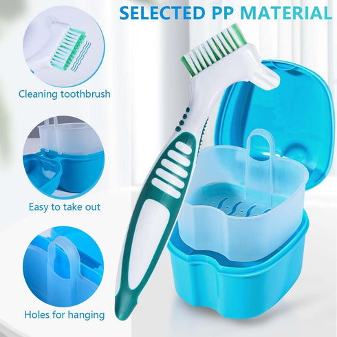 2 Pack Denture Bath Case Cup Holder, Storage Container with Cleaner Brush for Travel Cleaning (Light Blue and Blue)