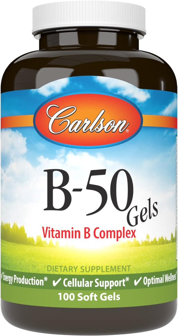 Carlson B-50 Gels, Vitamin B Complex for Energy Production, Cellular Support, Optimal Wellness, 100 Softgels