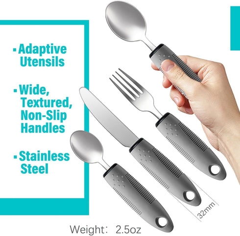 Adaptive Utensils Set, 4pcs for Hand Tremors, Arthritis, Parkinsons, Easy Grip Aids Handle, Weighted Silverware for