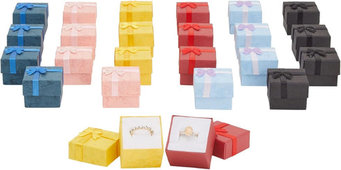 Juvale Ring Boxes Set - 24 Pack Multi-Color Cardboard Square 1.6x1.2x1.6 inches with Lids & Bows