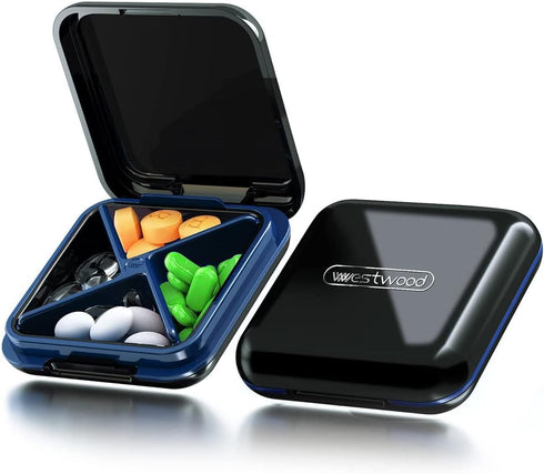 Black 4-Compartment Waterproof Pill Box Organizer, Portable BPA Free Medicine Box for Travel
