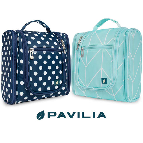 PAVILIA Toiletry Bag - Travel Bag for Women Men, Hanging Cosmetic Organizer, Water Resistant Makeup Bag, Teal Chevron