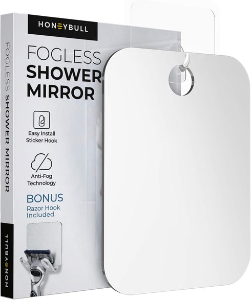 HONEYBULL Fogless Shower Mirror - Anti-Fog Acrylic Mirror with Razor Holder, No-Drill Wall Mount, Medium 6x8in