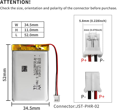 EEMB 3.7V 1800mAh 103450 Lipo Lithium Polymer Battery Pack with 2 Wires JST 2.0mm Connector for Speaker and Wireless