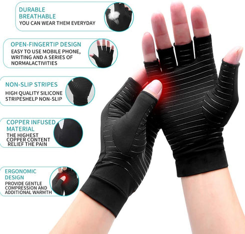 Copper Arthritis Gloves for Women Men, Fingerless Breathable & Moisture Wicking Compression Gloves for Joint Support