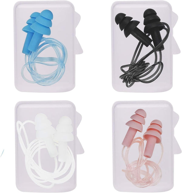 Noise Cancelling Ear Plugs with Cords - 4 Pairs, Soft Silicone Waterproof Reusable Earplugs for Sleeping, Snoring,
