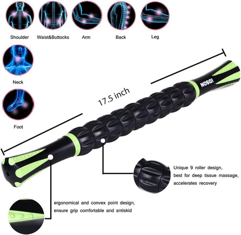 Idson Muscle Roller Stick for Athletes - Body Massage Tool for Muscle Soreness Relief, Black Green