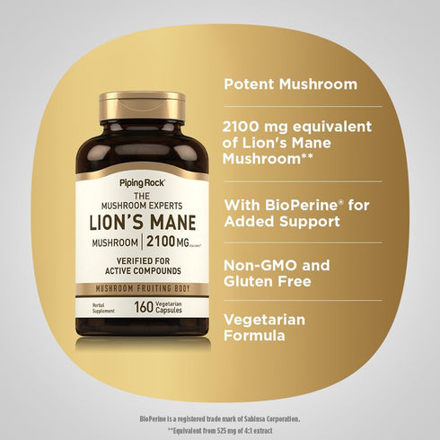 Piping Rock Lions Mane Supplement Capsules 2100mg 160 Count, Vegetarian, Non-GMO & Gluten Free Extract