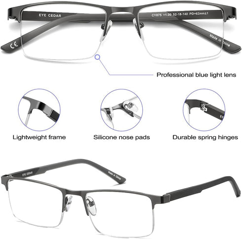 EYECEDAR Blue Light Blocking Reading Glasses for Men, Metal Half Frame, 5 Pack, 2.50