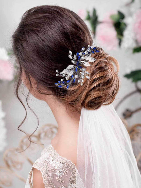 Unsutuo Bride Wedding Hair Comb Blue Rhinestone Bridal Hair Accessories for Wedding Hair Pieces for Women and Flower Girls