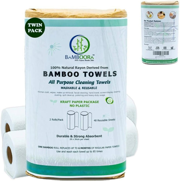 Reusable 100% Natural Rayon Towels - Pack of 2, Washable Kitchen Paper Towels, Lint Free, Zero Waste, Organic Rolls