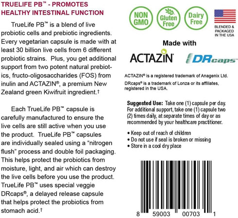 True-Life-PB Shelf Stable Blend Prebiotics and Probiotics for Women and Men, 30 Veggie Capsules