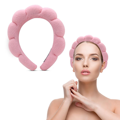 Spa Headband for Washing Face, Sponge Makeup Headbands for Women - Bubble Skincare Headband for Girls, Soft Terry Cloth headband for Mother's day (Pink)