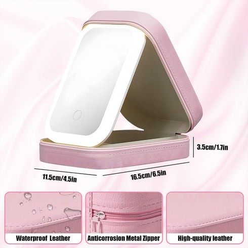 Travel Makeup Bag with LED Light Up Mirror, Waterproof Cosmetic Bag Train Case, Portable Makeup Box for Women Girls