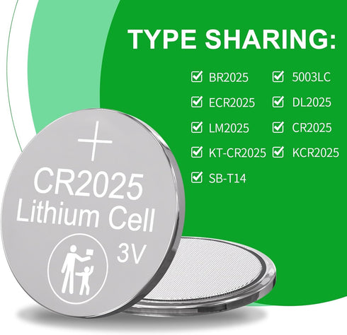CR2025 3V Lithium Battery 100 Pack, Button Battery CR2025 Battery for Car Remote Key