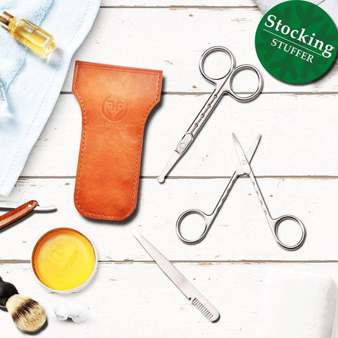 Professional Stainless Steel Curved Rounded Facial Hair Scissors Tweezers Set For Men Moustache, Nose Hair, Beard Trimming Scissors,Safety Use for Eyebrows,Eyelashes,Ear Hair - PU Leather Bag by HANTEKAS