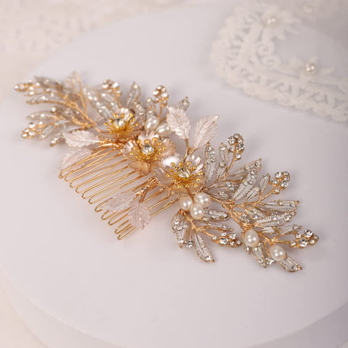 Missgrace Gold Bridal Hair Comb - Wedding Crystal Pearl Leaf Hair Clip and Rhinestone Hair Side Combs for Brides Women
