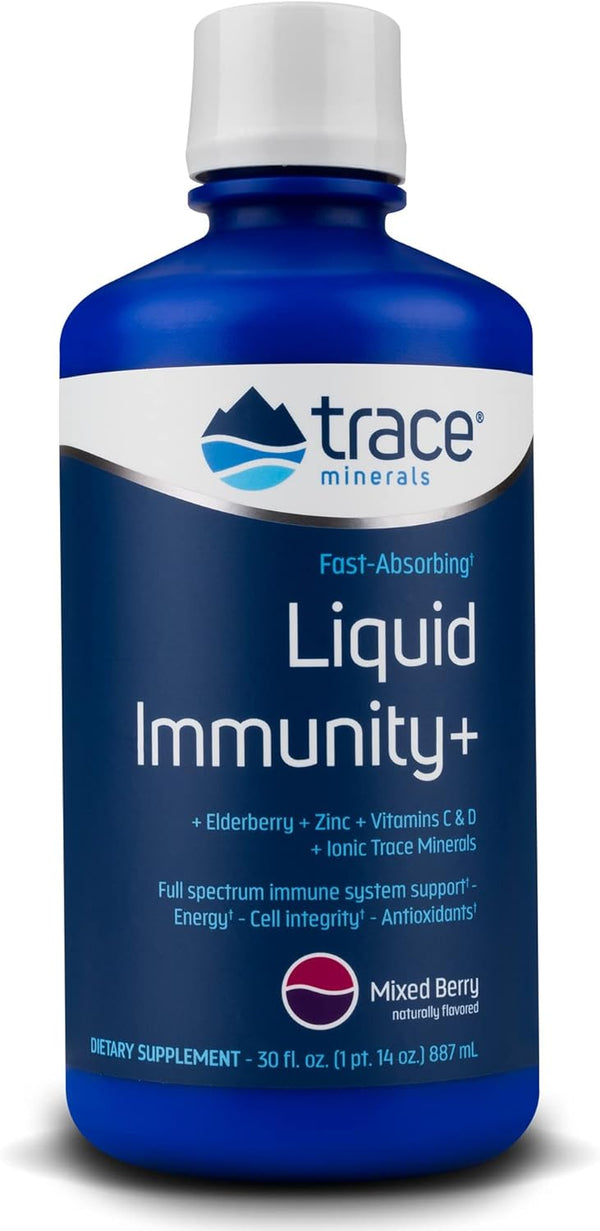 Trace Minerals Liquid Immunity+ with Elderberry, Zinc, Vitamins C & D, Sugar Free, Gluten Free, Mixed Berry, 30 oz