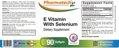 Vitamin E as dl-Tocopheryl Acetate and d-Alpha-Tocopherol Plus Selenium, Antioxidant Supplement, Immune Support, Supports Healthy Skin, Gluten-Free, Non-GMO, 90 softgels Made in USA