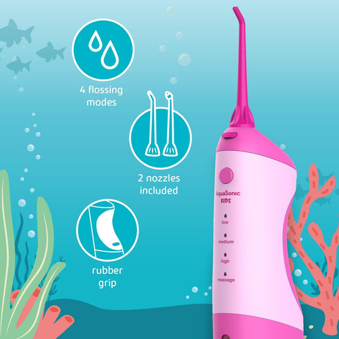 AquaSonic Kids' Water Flosser for Ages 6+ | Standard Nozzle, Orthodontic Nozzle & Waterproof Stickers | 4 Flossing Modes | Aquarium Adventures Theme (Pink)