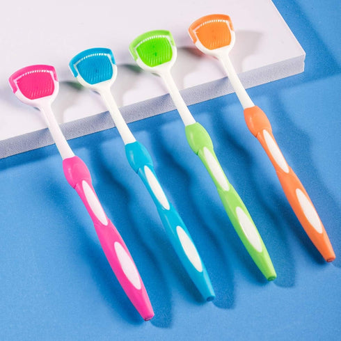Tongue Brush and Scraper - 4 Pack Tongue Cleaner Helps Fight Bad Breath (Blue, Green, Orange, Red)