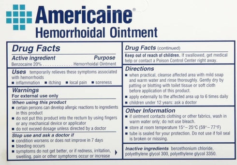 Americaine Hemorrhoidal Ointment, Maximum Strength 20% Benzocaine, 1 oz (Pack of 2)