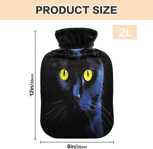 YETTASBIN 2L Black Cat Hot Water Bottle, Transparent Leakproof Hot Water Bag Washable Heat Resistant Water Bottle