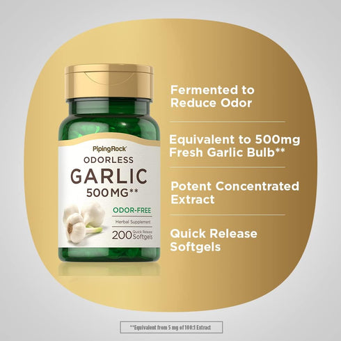 Piping Rock Odorless Garlic Softgels 500mg | 200 Pills | Non-GMO, Gluten Free Herbal Extract Supplement