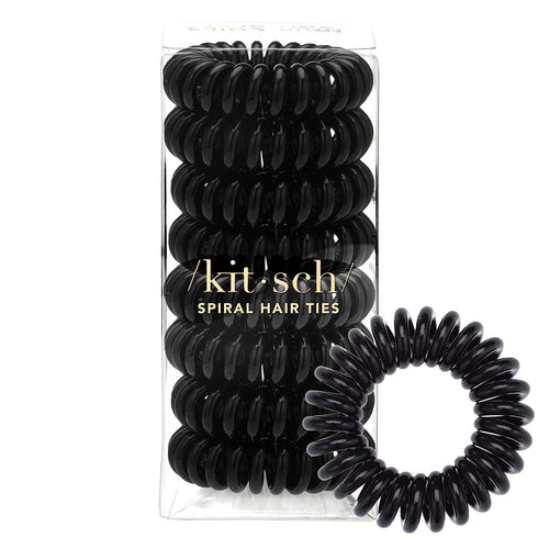 Kitsch Spiral Ponytail Holders for Women - Waterproof Hair Ties for Teens, Stylish Phone Cord Ties & Coils, 8 Pcs, Black