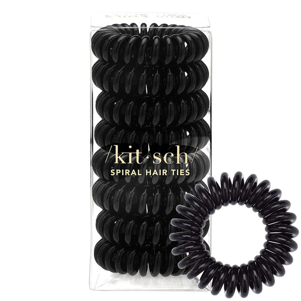 Kitsch Spiral Ponytail Holders for Women - Waterproof Hair Ties for Teens, Stylish Phone Cord Ties & Coils, 8 Pcs, Black
