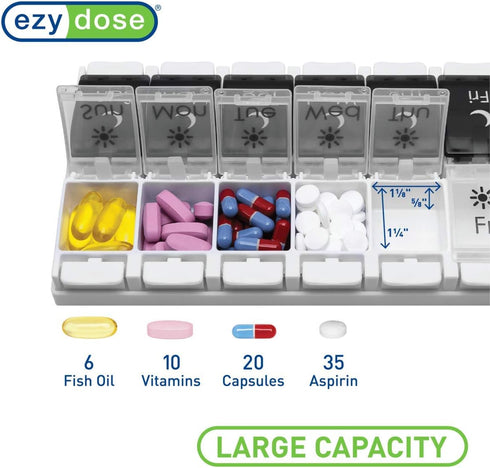 EZY DOSE Push Button (7-Day) Pill Case, Medicine Planner, Vitamin Organizer, 2 Times a Day AM/PM, Large Compartments