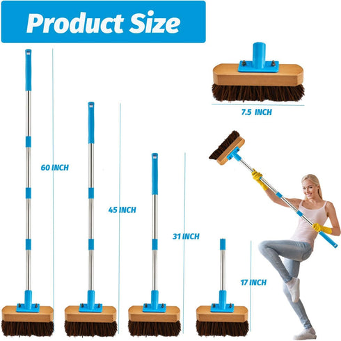Heavy Duty Deck Brush with Long Handle, 60" Floor Scrub Brush with Stiff Natural Bristles for Outdoor Cleaning