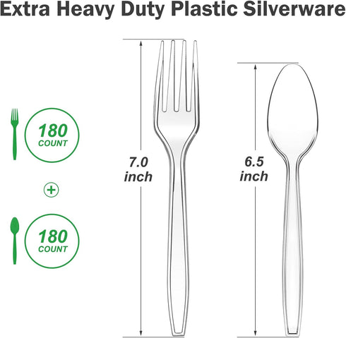 360 Count Extra Heavy Duty Clear Plastic Forks and Spoons, 180 Forks & 180 Spoons, Heat Resistant, Disposable Plastic Silverware, Disposable Spoons and Forks Set Plastic by Dealusy