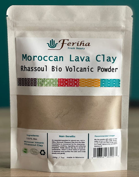 Moroccan Rhassoul Bio Clay Powder - Organic Facial Body & Hair Mask, Fights Acne, Cleanses Impurities, Improves