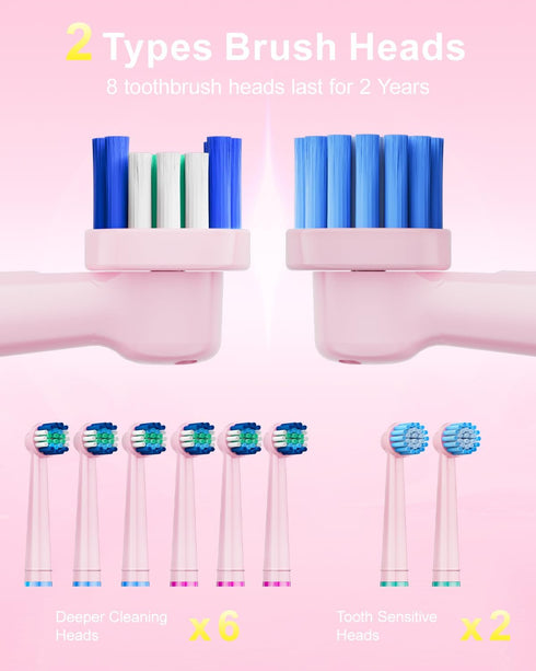 MCUDKIK 8 (2 5 2-Minute Rotating Electric Toothbrush for Adults, Brush Heads Types) & Travel Case, Cleaning Modes