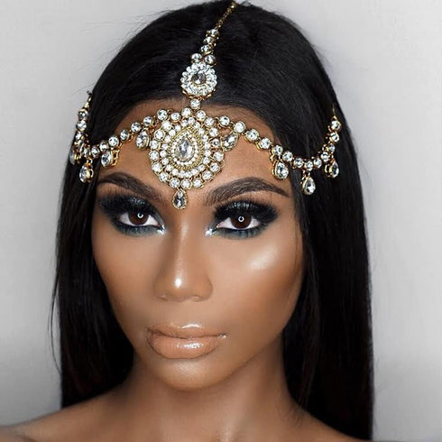Xerling Bridal Forehead Headpiece | Zircon Crystal Dangling Tassel Hair Chain Clip-on Accessories for Women