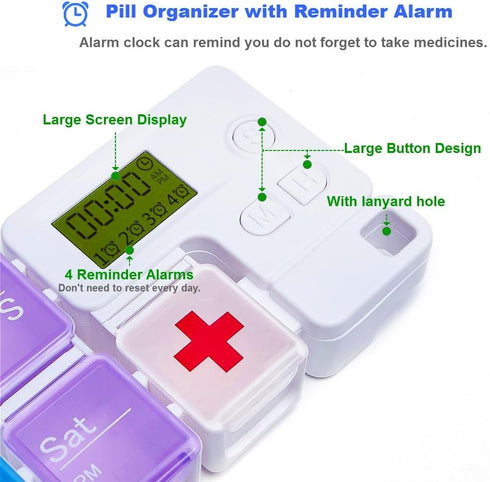 7 Day Pill Organizer with 4 Reminder Alarms, Loud Sound, 14 Large Compartments, Moisture-Proof Design