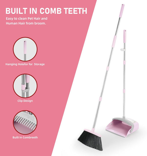 Broom and Dustpan Set, Outdoor Broom with Dustpan for Home Commercial Cleaning, Long Handle