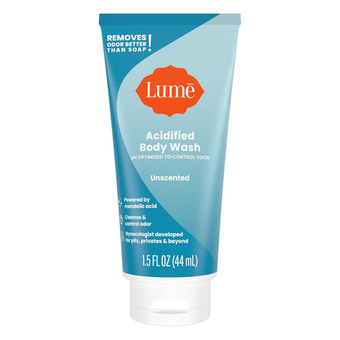 Lume Acidified Body Wash 5 Pack Minis - 24 Hour Odor Control - Moisturizing - 2 ounce Tubes (Clean Tangerine, Lavender