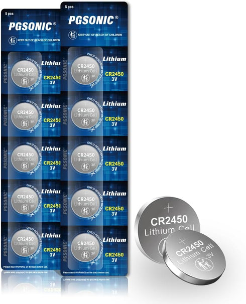 PGSONIC CR2450 Batteries, 3 Volt Lithium Coin Battery, 10 Count, High Capacity Leak-Free Performance