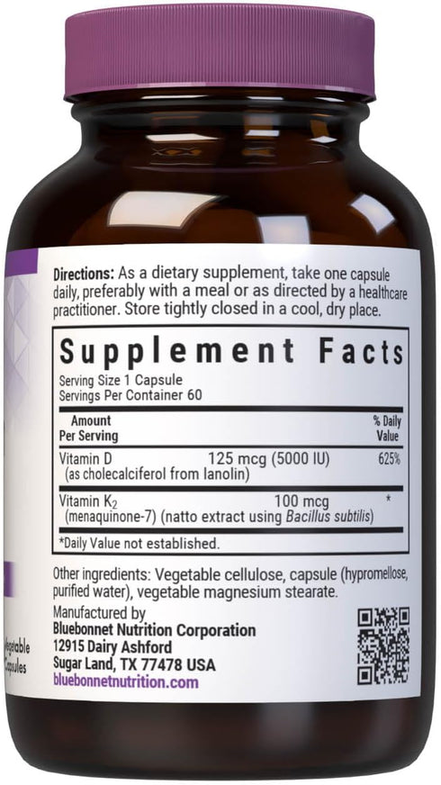 Bluebonnet Nutrition Vitamin D3 & K2 - Soy-Free, Gluten-Free, Non-GMO, 60 Vegetable Capsules
