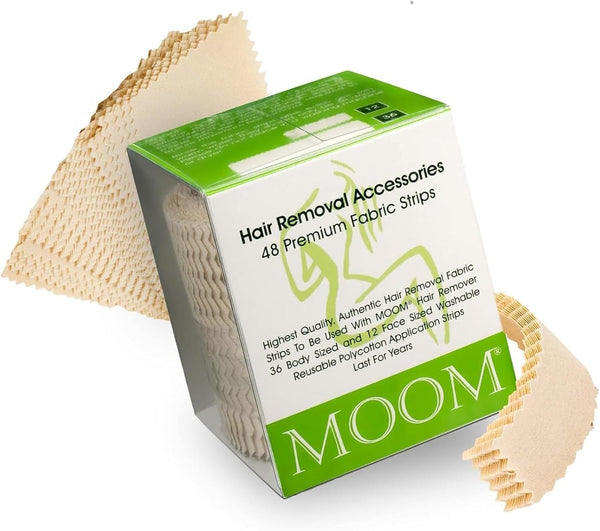 MOOM Hair Removal Wax Strips, 48 Count Reusable & Washable Polycotton Strips for Hair Removal, Perfect for Body & Face