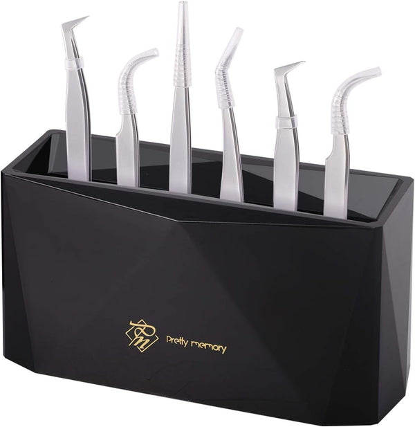 Pretty Memory Tweezer Holder, 6 Holes Lash Tweezer Stand for Eyelash Extensions, Black