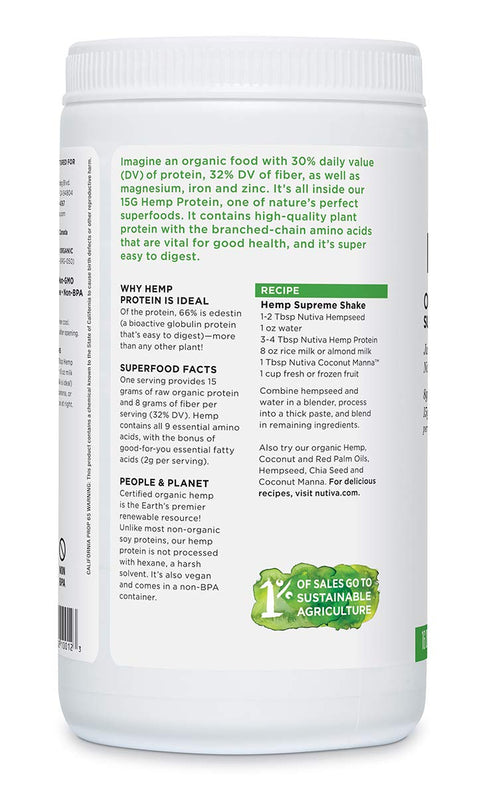 Nutiva Organic Cold-Processed Hemp Protein, Non-GMO Canadian Hempseed, 15g, 16 Ounces