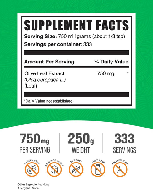 BulkSupplements.com Olive Leaf Extract Powder - Herbal Supplement, Antioxidant Source, Olive Leaf Powder - Gluten Free, 750mg per Serving, 250g (8.8 oz) (Pack of 1)