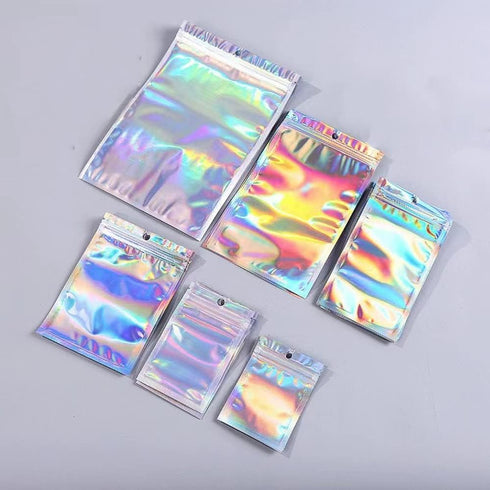 100 Pack Resealable Mylar Bags, Smell Proof Aluminum Foil Ziplock Pouches for Candy, Jewelry, Holographic Rainbow Color