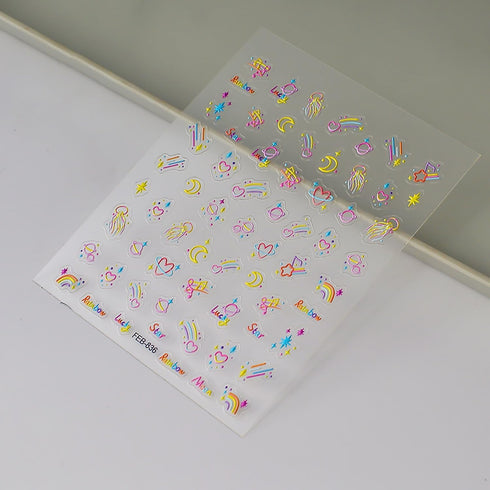 Cute Nail Art Stickers, 5D Embossed Star Moon Heart Design, Colorful Self-Adhesive Nail Decals for Women Girls DIY